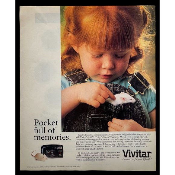 Vivitar Camera Print Ad Vintage 1994 440PZ Point Shoot Little Girl Pocket Mouse - Picture 1 of 6